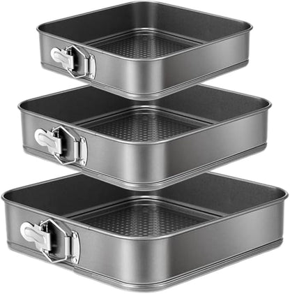 Springform Cake Pan Set of 3 (9.5, 10, 11 Inch) Square Baking Pans Nonstick Cheesecake Pans with Removable Bottom Bakeware for Cake, Cheesecakes, Pizza, and Quiches