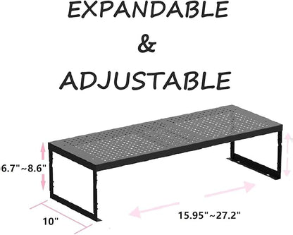 Stackable Expandable Metal Shelf Organizer - Adjustable Wire Storage Rack with Holes for Kitchen, Bathroom, Cabinet, Office - Space Saving, Durable & Sturdy Design（2PACKS/Large/Black