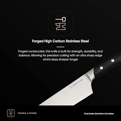 DURA LIVING 8-Inch Chef Knife – Ultra-Sharp German High Carbon Stainless Steel, Full Tang, Ergonomic Handle, Multipurpose Kitchen Knife for Chopping, Slicing, and Dicing, Black