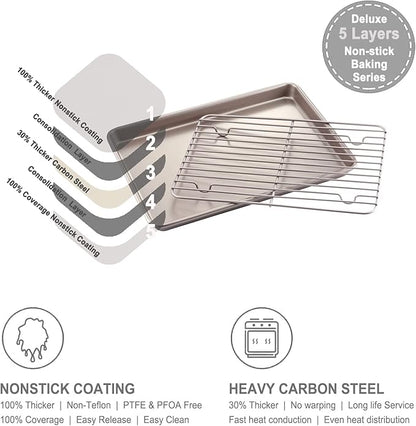 CHEFMADE Roasting Pan with Rack, 13-Inch Non-Stick Rectangular Shallow Dish Sheet Pan with Wire Rack for Oven Baking, BBQ, Jelly Roll and Roasting 9" x 13" x 1" (Champagne Gold)