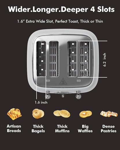 LONGDEEM 4-Slice Stainless Steel Toaster with 1.6" Wide Slots, Retro Bagel Toaster with 6 Browning Levels, Defrost/Bagel/Cancel, Removable Crumb Tray, Cute White