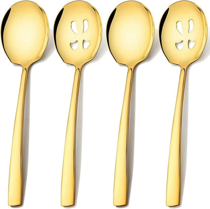 Extra Large Serving Spoons Set 11.7-Inch Gold Serving Slotted Spoon x 2 Serving Spoon x 2, 18/8 Stainless Steel Big Serving Utensil for Buffet, Parties, Catering - Dishwasher Safe(4-Pack, Gold)