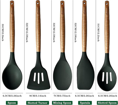 Miusco Non-Stick Silicone Cooking Utensils Set with Natural Acacia Hard Wood Handle, 5 Piece, High Heat Resistant (Green)