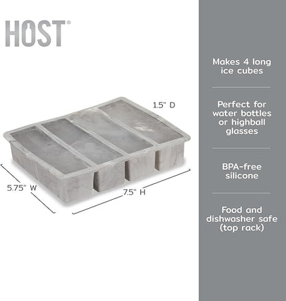 Host Ice Cube Tray, Makes Four 5-Inch Long Cubes, Durable Silicone Trays with Easy Release Design, Perfect for Water Bottles and Highball Glasses, Home Bar Accessories, Set of 1, Marble