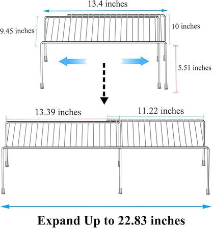 Kitchen Cabinet Expandable Shelf Organizers Set of 6, Adjustable Metal Wire Pantry Storage Shelves, Plate Dish Organizer Rack for Cabinets, Cupboard, Counter, Freezer, Countertop, Chrome