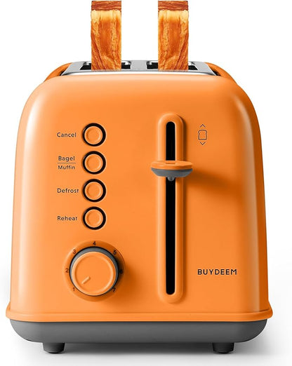 BUYDEEM DT620 2-Slice Toaster, Extra Wide Slots, Retro Stainless Steel with High Lift Lever, Bagel and Muffin Function, Removal Crumb Tray, 7-Shade Settings,Orange