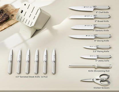 BRODARK Kitchen Knife Set with Block and Sharpener – 15-Piece Ultra Sharp White Knife Set Full Tang Stainless Steel Knife Block Set with Ergonomic Handle – Christmas Gift, Roman Series