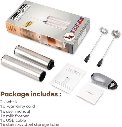 Rechargeable Milk Frother Battery Operated,2-Speed Portable Travel Frother,Electric Milk Foamer Coffee Frother for Latte, Cappuccino, Hot Chocolate Drink Mixer with Double Mini Whisks and USB Cable
