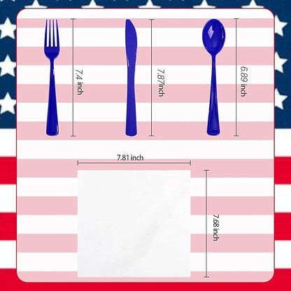 Liacere 100Pack Pre Rolled Blue Silverware and Napkin - Disposable Blue Plastic Utensils-Wrapped Plastic Cutlery Set with Napkin:100 Forks,100 Knives,100 Spoons,100 Napkins for Wedding&New Year