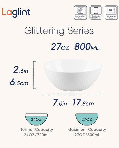 27 OZ Max Cereal Soup Bowl Set of 6, Opal Glass 7.2 inch White Geometric Faceted Bowls for Ramen, Noodle, Salad, Fruit, Dishwasher and Microwave Safe