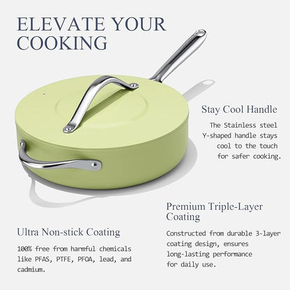 Nonstick Ceramic Sauté Pan with Lid (4.5 qt, 11") Deep Frying Pan for All Cooktops Non Toxic Skillet PTFE/PFAS Free, Dishwasher & Oven Safe up to 500°F w/Stay-Cool Handle, Olive Green
