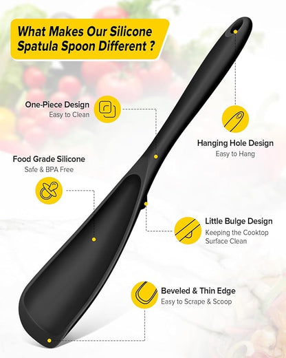 Pack of 2 Cooking Spoons for Non Stick Cookware, Multifunction Spatula Spoon BPA-Free, One-Piece Design, Suitable for Scooping, Scraping, Serving and Mixing (BLACK-BLACK)