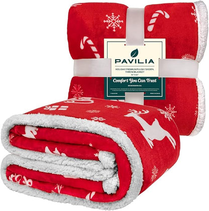 PAVILIA Premium Christmas Sherpa Throw Blanket | Christmas Decoration Gift, Fleece, Plush, Warm, Cozy Reversible Microfiber Holiday Blanket | Red Reindeer - 50x60