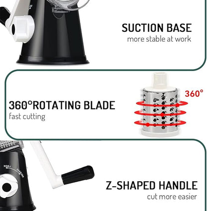 Rotary Cheese Grater with Handle Vegetable Shredder Round Kitchen Slicer Mandoline Grater for Vegetable, Nuts, Chocolate, Chesse, White, 3 Stainless Steel Blades