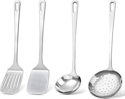 4 Pcs Cooking Utensils Set, Stainless Steel Kitchen Utensils, Heat Resistant Metal Kitchen Tools Include Solid & Slotted Turner Wok Spatula, Serving Spoon, Ergonomic Handle, Easy to Clean, Silver