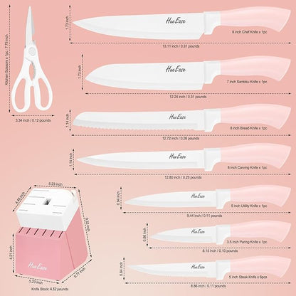 14 Pieces Knife Set with Block, Ceramic White Coating, High Carbon Stainless Steel Sharp Blade Block Knife Set, Dishwasher Safe Cutlery, Colliding Pink