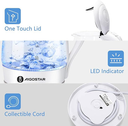 Aigostar Electric Kettle, 1500W Glass Electric Tea Kettle Rapid Heating, Borosilicate Glass, Auto Shutoff and Boil-Dry Protection, Hot Water Boiler BPA Free and Cordless with LED Indicator, 1.7 Liter