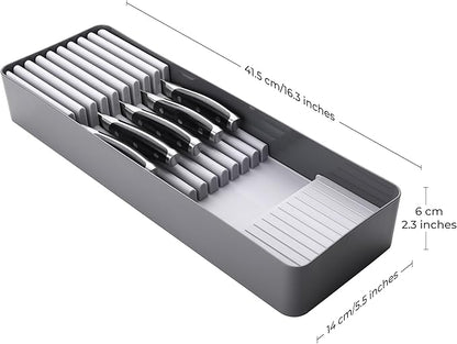 Linoroso Knife Drawer Organizer With In-Drawer Knife Block for 9 Knives, Kitchen Utensil Organizer, BPA Free Secure Storage Tray for Countertop Organization
