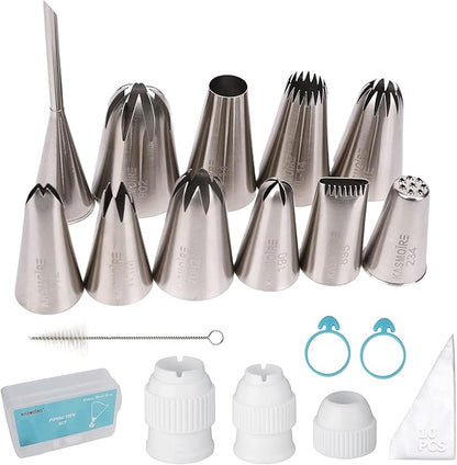 11 Pcs Extra Large Piping Tip Set,Stainless Steel Cake Decorating Icing Tips Nozzles,Professional Pastry Tips for Cupcake, Cookie and Puff