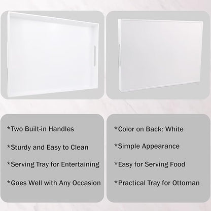 White Serving Tray for Coffee Table, Rectangular Plastic Decorative Tray with Handles for Entertaining, Outdoor Patio, Living Room, Ottoman, Bathroom Counter, 11.8”*15.7”*1.6”