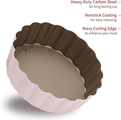 Mini Round Tart Pan with Removable Bottom, Nonstick Mini Pie Pans for Baking, Carbon Steel Quiche Pan Set for Cupcake Muffin Cakes and Desserts, Including 6 Tart Pan and 1 Tart Tamper (Pink)