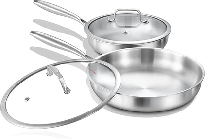 DELARLO Tri-ply Stainless Steel Frying Pan Set with Lid 8"10" Induction large Skillets Chef's Pan,Pots and Pans Set Kitchen Cookware Set Suitable for All Stove