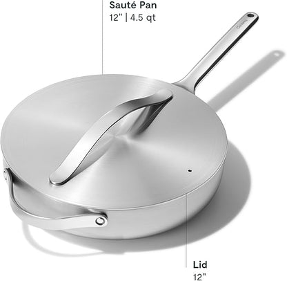 Caraway Stainless Steel Sauté Pan (4.5 Qt) - 5-Ply Stainless Steel - Oven Safe & Stovetop Agnostic - Non Toxic, PTFE & PFOA Free