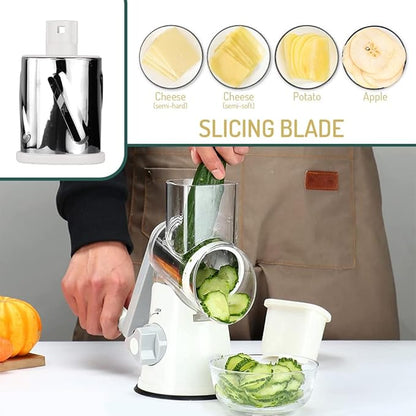 Rotary Cheese Grater with Handle Vegetable Shredder Round Kitchen Slicer Mandoline Grater for Vegetable, Nuts, Chocolate, Chesse, White, 3 Stainless Steel Blades