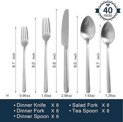 KINGSTONE 40 Piece Silverware Set, Flatware Set for 8, 18/10 Stainless Steel Cutlery Set Mirror Polished Modern Design Dishwasher Safe, Matte Silver