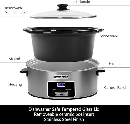 HOMECOOKIN 6-Quart Digital Programmable Slow Cooker with Timer - Small Kitchen Appliance for Family Dinners - Serves 6+ People - Heat Settings: Keep Warm, Low and High
