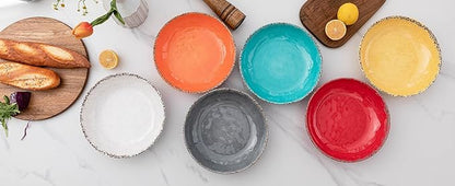 Farmhouse Melamine Pasta Bowls Set of 6, 42 OZ Large Serving Bowls Set, 9.25 inch Ramen Bowls,Wide and Shadow Rustic Red Round Dinner Bowl, Fruit bowl, Noodle Bowl, Salad Bowl Set, Red…