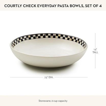 MACKENZIE-CHILDS Set of 4 Everyday Pasta Bowls, Microwave-Safe and Dishwasher-Safe Stoneware Bowls, Black-and-White Courtly Check
