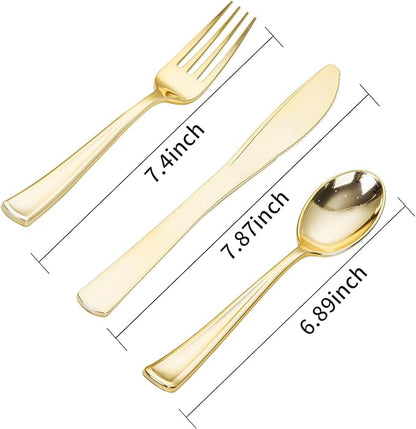 SUT 600PCS Gold Plastic Silverware, Plastic Silverware heavy duty, Disposable Cutlery, 200 Forks,200 Spoons, 200 Knives for Party