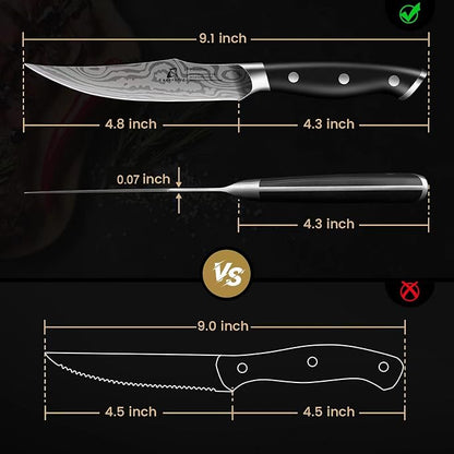 Steak Knives Set of 6, 4.8 Inch Non Serrated Razor-Sharp Durable Dinner knives with Rest, German Stainless Steel Damascus Pattern Full Tang Forged, Rust Resistant & Easy to Maintain
