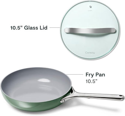 Caraway Nonstick Ceramic Frying Pan With Glass Lid (2.7 qt, 10.5") - Non Toxic, PTFE & PFOA Free - Oven Safe & Compatible with All Stovetops (Gas, Electric & Induction) - Sage