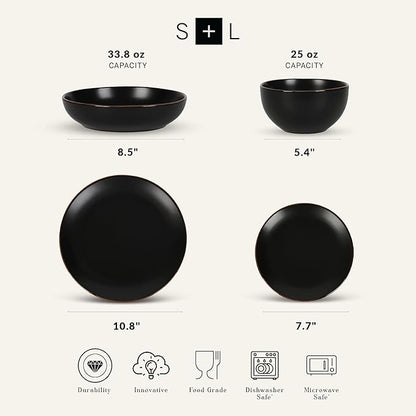 Stone Lain Brasa Modern Stoneware 16 Piece Dinnerware Sets, Plates and bowls Sets, Dish Set for 4, Black