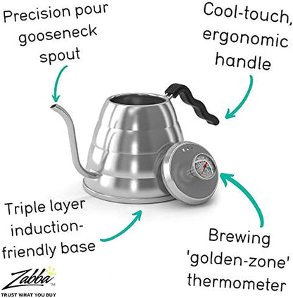 Gooseneck Kettle with Thermometer - 34oz Premium Stainless Steel Pour Over Coffee Maker Kettle, Stove Top, w/Precision Drip Spout, for Drip Coffee, French Press, Tea Kettle, 4 Cup