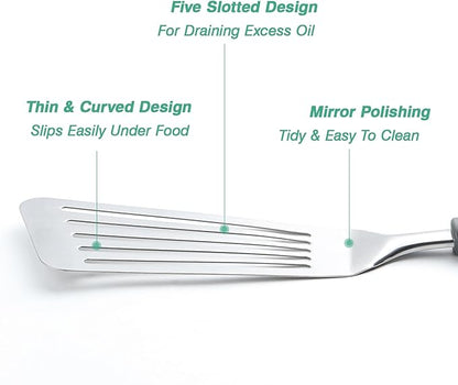 Fish Spatula, Stainless Steel Fish Turner Slotted Metal Spatula for Kitchen Use, Flipper Spatulas for Cast Iron Skillet, Egg, Meat, Cooking and Frying, Dishwasher Safe, Comfortable Handle