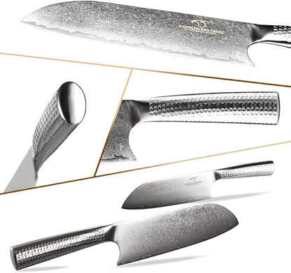 Damascus Steel Knife Set With Block - 3-Piece Kitchen Set Includes Chef, Santoku, Paring Knife - Stain & Rust Resistant