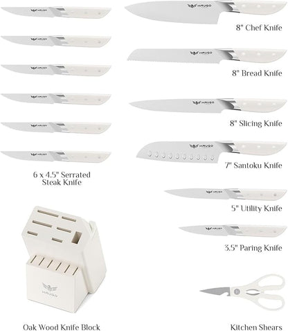 Knife Set - Haugo 14 PCS German Stainless Steel Kitchen Knife Sets with Block and Sharpener - Full Tang Knife Block Set and Ergonomic Handle - Elegant White- Obsidian Series