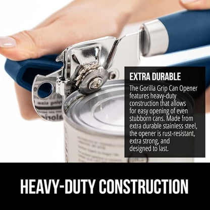GORILLA GRIP Heavy Duty Stainless Steel Smooth Edge Manual Can Opener and Bottle Openers, Soft Comfortable Handle, Oversized Handheld Turn Knob, US Designed Multifunctional Kitchen Tool, Blue