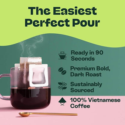 Copper Cow Coffee Premium Pour Over Single-Serve Vietnamese Coffee Pouches (24 pack) | Vanilla | Dark Roast | Flavored with Vanilla Beans | Convenient Vietnamese Ground Coffee Packets, Travel Friendly