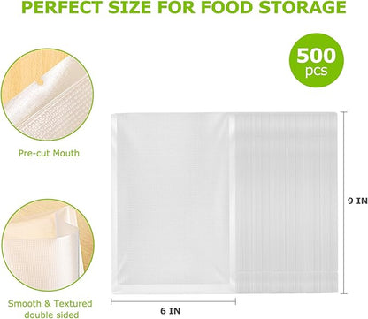 Bonsenkitchen Precut Vacuum Sealer Bags, 500 Pint 6" x 9" Food Sealer Bags,Commercial Grade, BPA Free, Heavy Duty, Customized Size Vacuum Bags for Vac Storage, Meal Prep or Sous Vide Cooking, VB11
