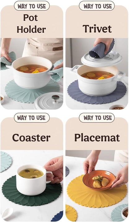 Heat-Resistant Silicone Trivet Mats, Non-Slip Hot Plate Holder for Kitchen Countertops & Dining Table, Reusable Pot Holder Pad with Secure Grip, Dishwasher Safe (Yellow, Diameter: 30cm/11.81")