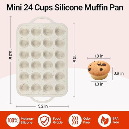 CAKETIME Mini Muffin Pan, Metal Reinforced Frame Mini Cupcake Pans 24 Cups Nonstick Muffin Silicone Molds with Handle for Baking Muffins, Cupcakes, Egg Bites 2 Pack