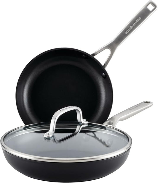 KitchenAid Hard Anodized Induction Nonstick Frying Pan Set With Lid, 3-Piece – 8 & 10 Inch Skillets, Durable, Even Heating, Dishwasher & Oven Safe, Easy-Clean, Matte Black