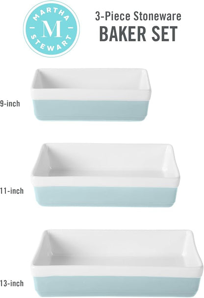 MARTHA STEWART 3 Piece Oven to Table Stoneware Bakeware, Baking Dish & Casserole Set - Dusty Blue