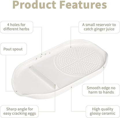 WhiteRhino 4 in 1 Ceramic Garlic Grater with Egg Cracker,Spoon Rest and Herb Stripper, Ginger Grater Plate for Grinding Wasabi Fruits Vegetables Ginger Garlic Cheese(6.76inx3.7in)