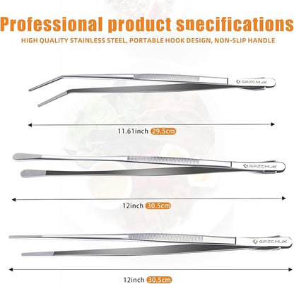 3 Pcs Kitchen Tweezers, 12'' and 11.6" Stainless Steel Tongs For Cooking, Professional Cooking Tongs, Chef Cooking Tweezers, Sea food, BBQ, Plating and Serving