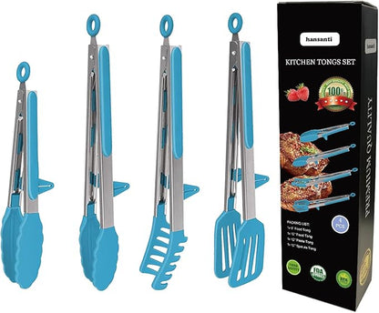 4 Pack Silicone Kitchen Cooking Tongs Set, Stainless Steel Nonstick Food Tong with BPA Free Silicone Tips for Serving Pasta Spaghetti Steak Pie Pizza Salad Vegetable Fruit Grilling BBQ Buffet 9" & 12"
